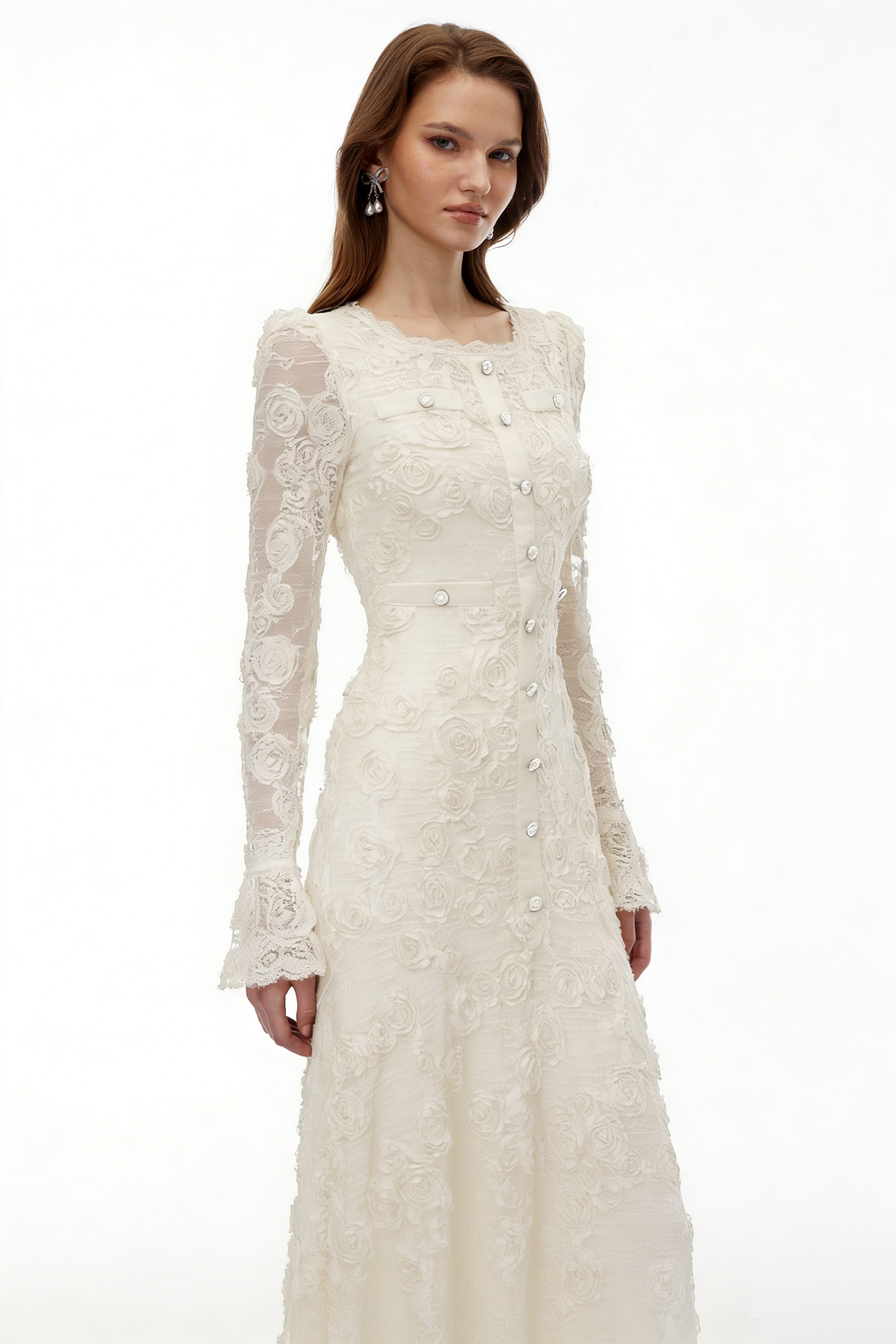 Branwen Neutral 3D-Floral Embroidered Lace Maxi Dress