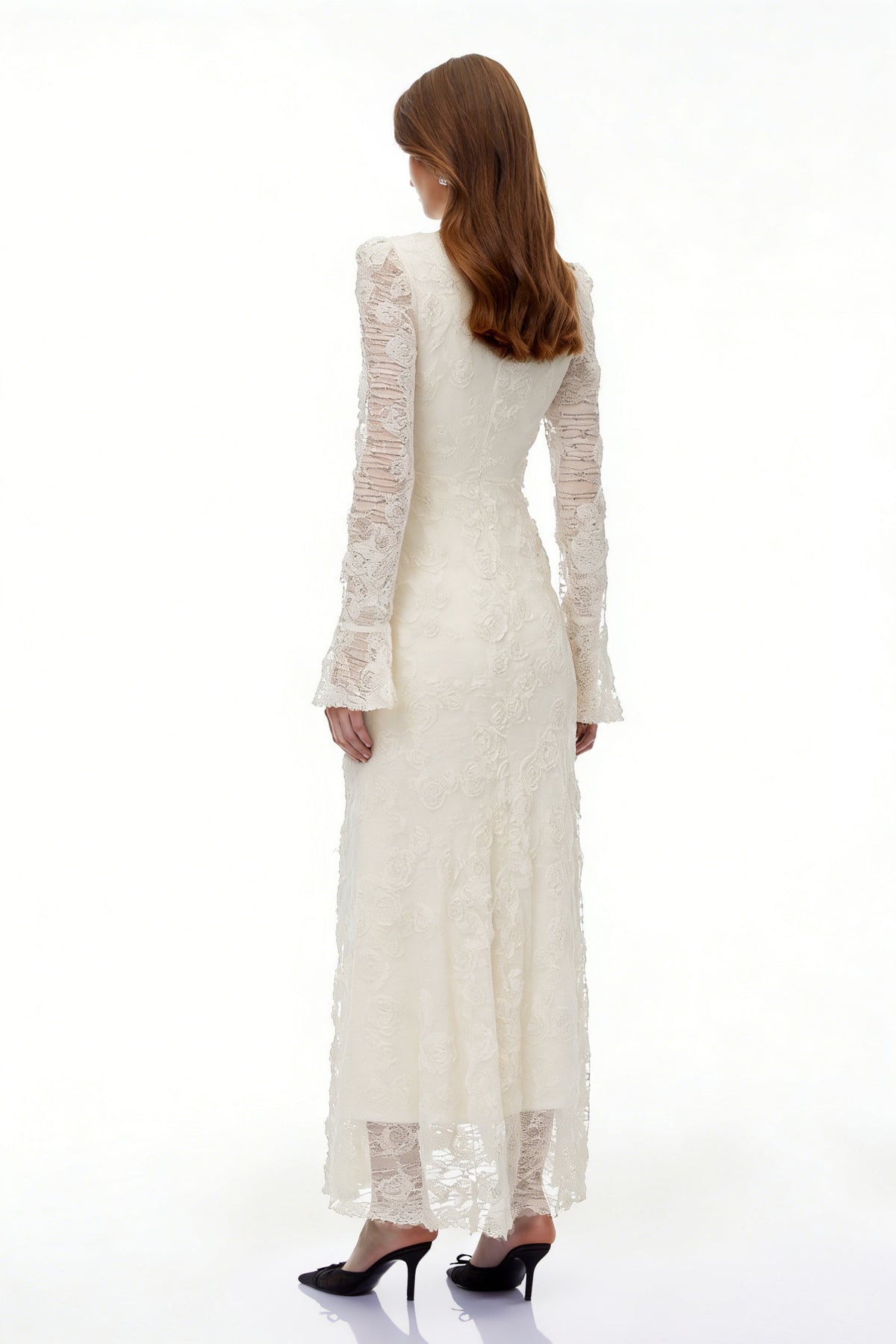 Branwen Neutral 3D-Floral Embroidered Lace Maxi Dress