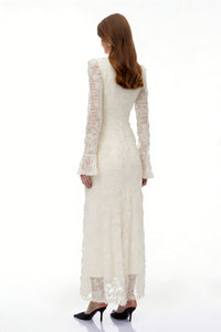 Branwen Neutral 3D-Floral Embroidered Lace Maxi Dress