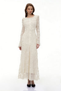 Branwen Neutral 3D-Floral Embroidered Lace Maxi Dress
