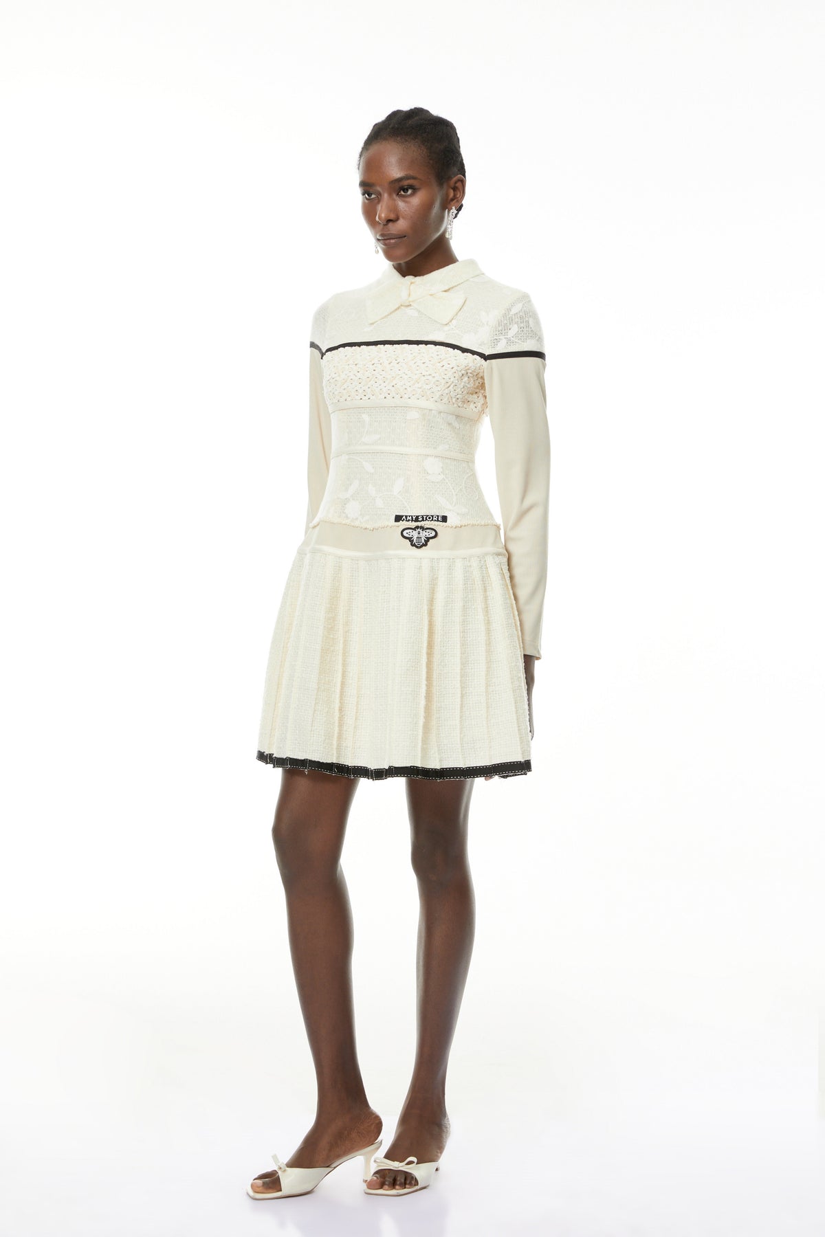 Bridget White Pleated Mini Dress with Bow-Tie