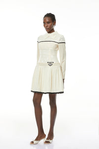 Bridget White Pleated Mini Dress with Bow-Tie