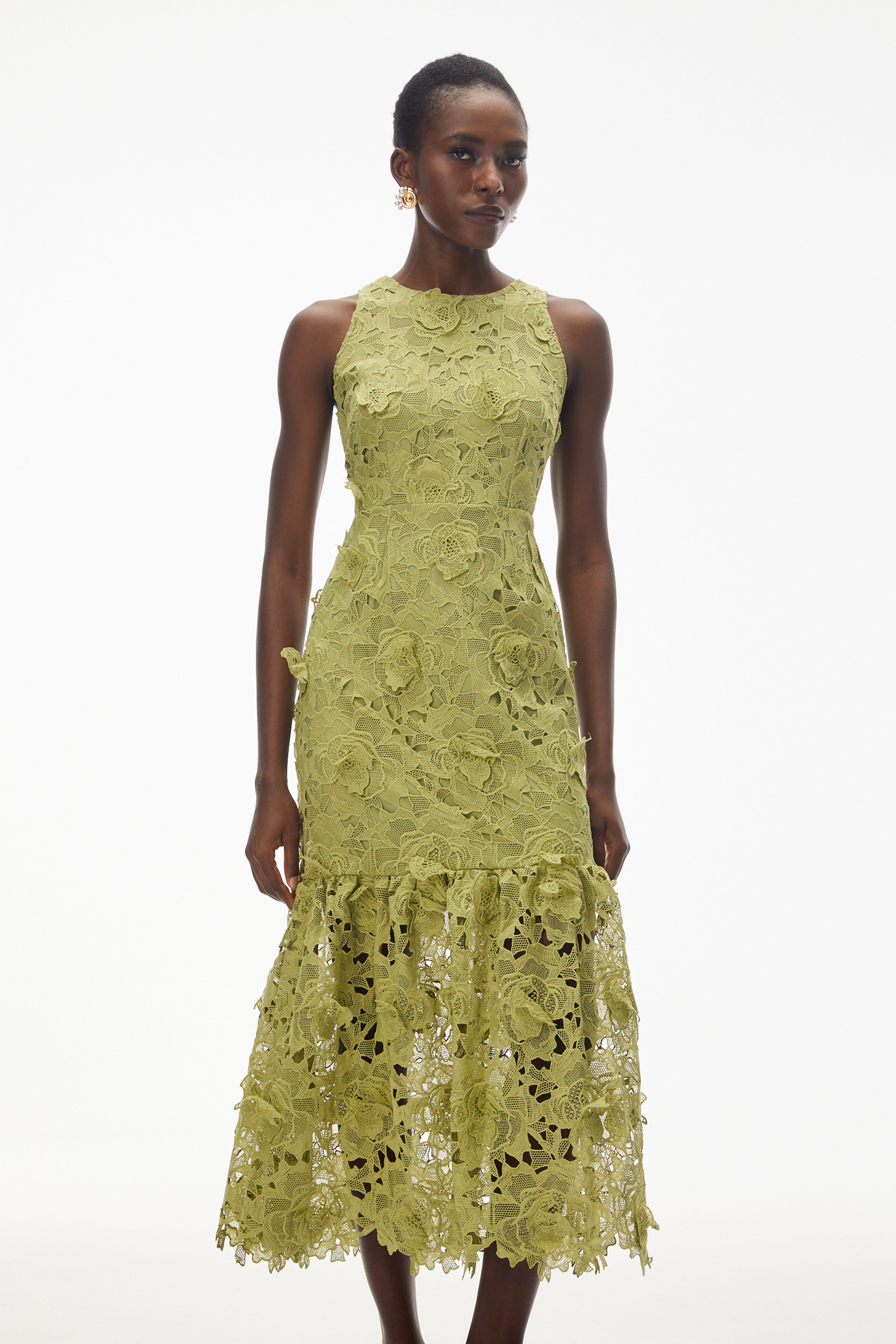 Briseis Olive Green Midi Dress with 3D Florals