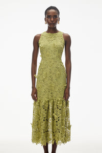 Briseis Olive Green Midi Dress with 3D Florals
