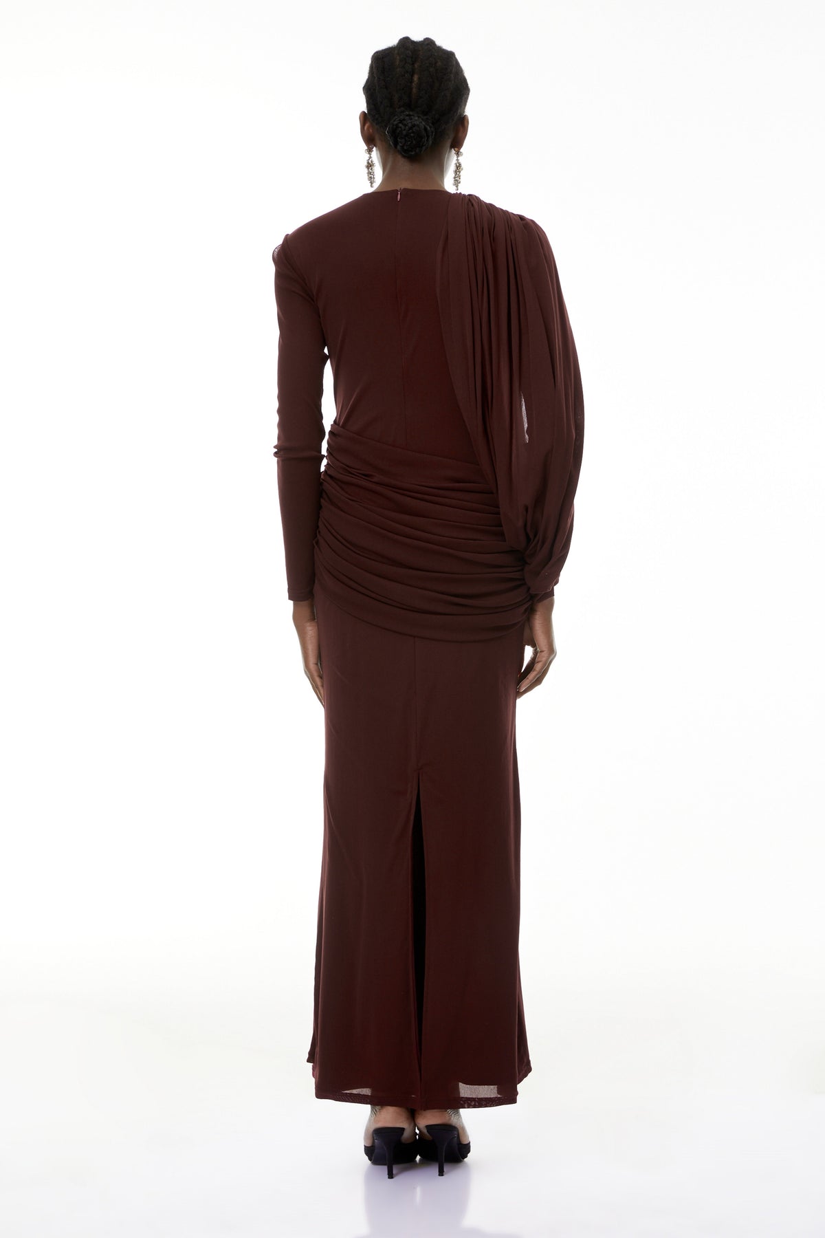 Briseis Russet Asymmetrical Ruched Maxi Dress
