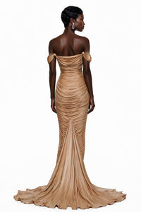 Bruna Gold Embellished Ruched Asymmetrical Maxi Dress