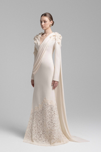 Calanthe Champagne Floral Lace Maxi Dress with Ribbon Detail
