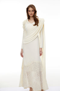 Calanthe Champagne Floral Lace Maxi Dress with Ribbon Detail