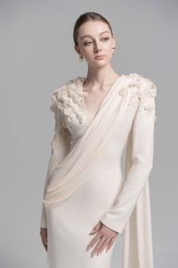 Calanthe Champagne Floral Lace Maxi Dress with Ribbon Detail