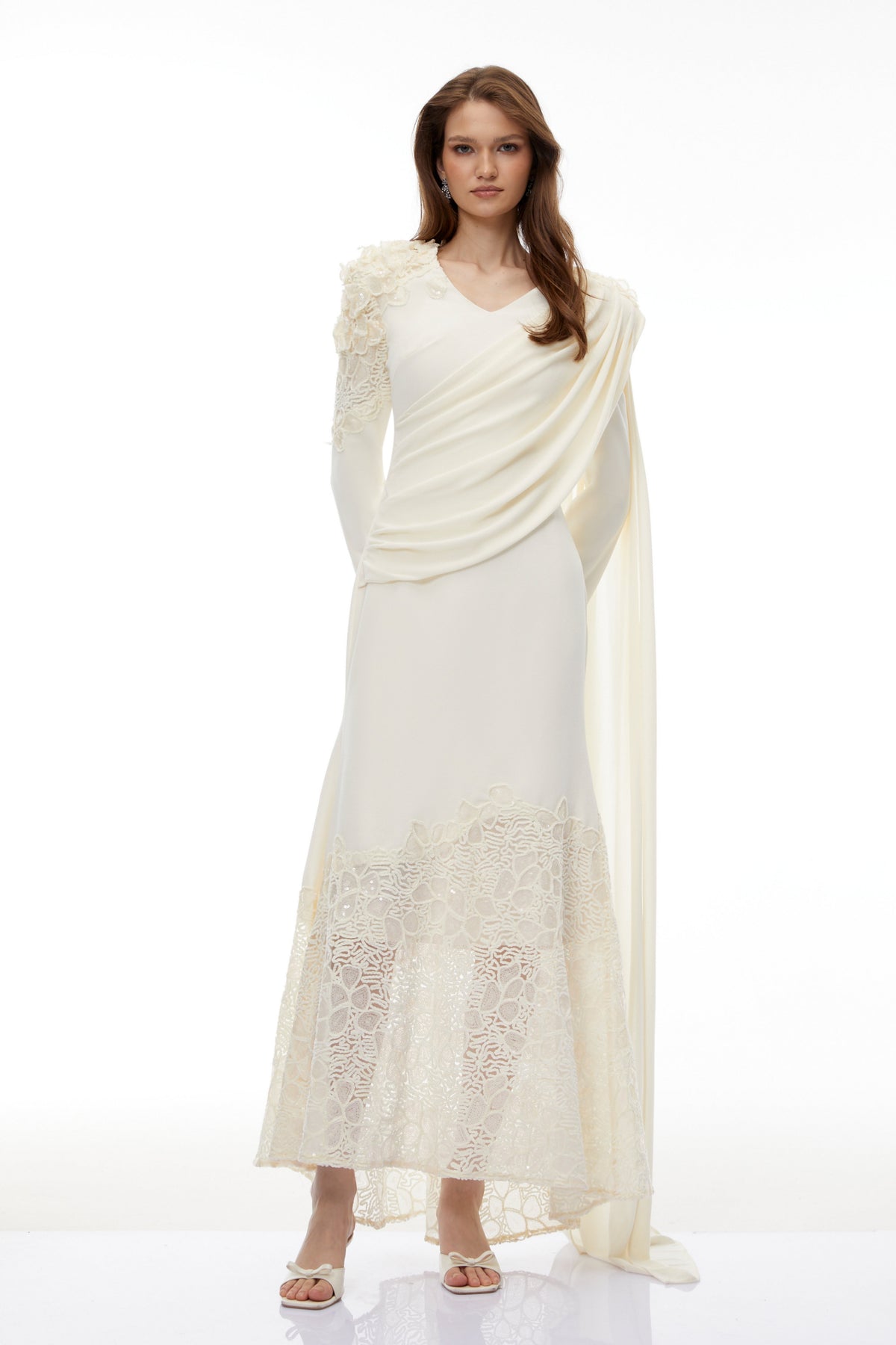 Calanthe Champagne Floral Lace Maxi Dress with Ribbon Detail