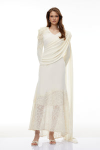 Calanthe Champagne Floral Lace Maxi Dress with Ribbon Detail