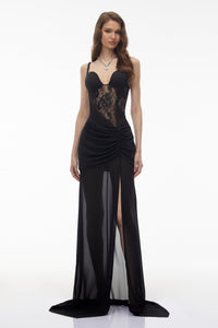 Callirhoe Black Sheer Lace Corset Maxi Dress