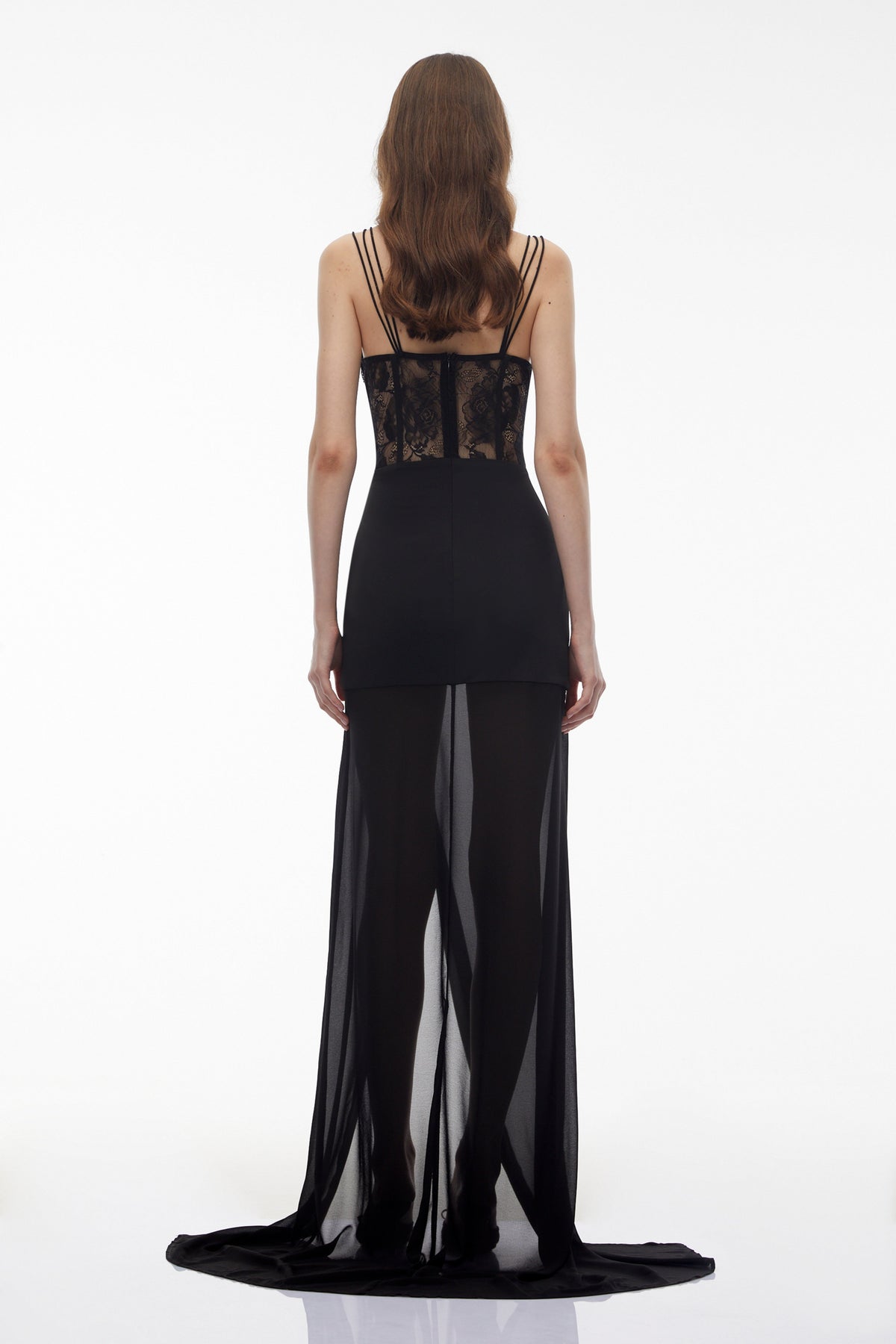 Callirhoe Black Sheer Lace Corset Maxi Dress