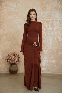 Cambria Brown Ruched Maxi Dress with Metal Buckle