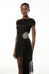 Cecil Black Rhinestone Floral Ruched Mini Dress