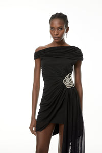 Cecil Black Rhinestone Floral Ruched Mini Dress