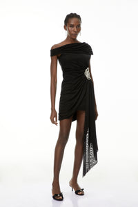 Cecil Black Rhinestone Floral Ruched Mini Dress
