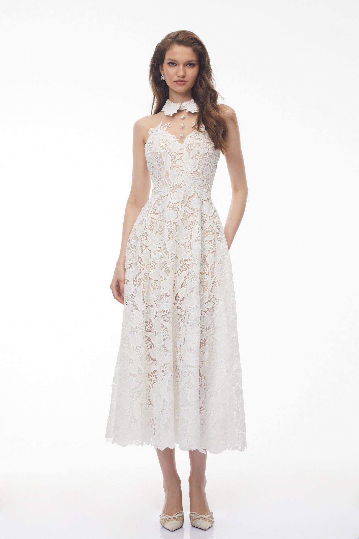 Chakame White Floral Lace Midi Dress