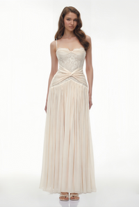 Brigitte Cream White Ruched Maxi Dress with Lace Panels