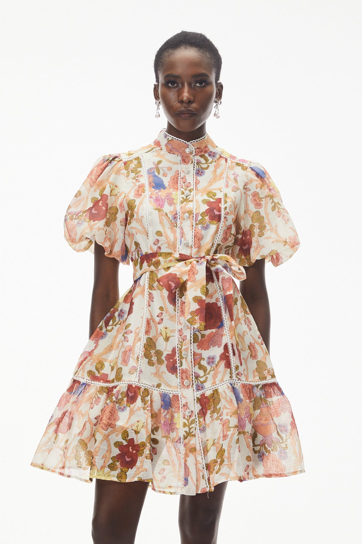 Chione Cream Floral Print Mini Dress with Lace Trim
