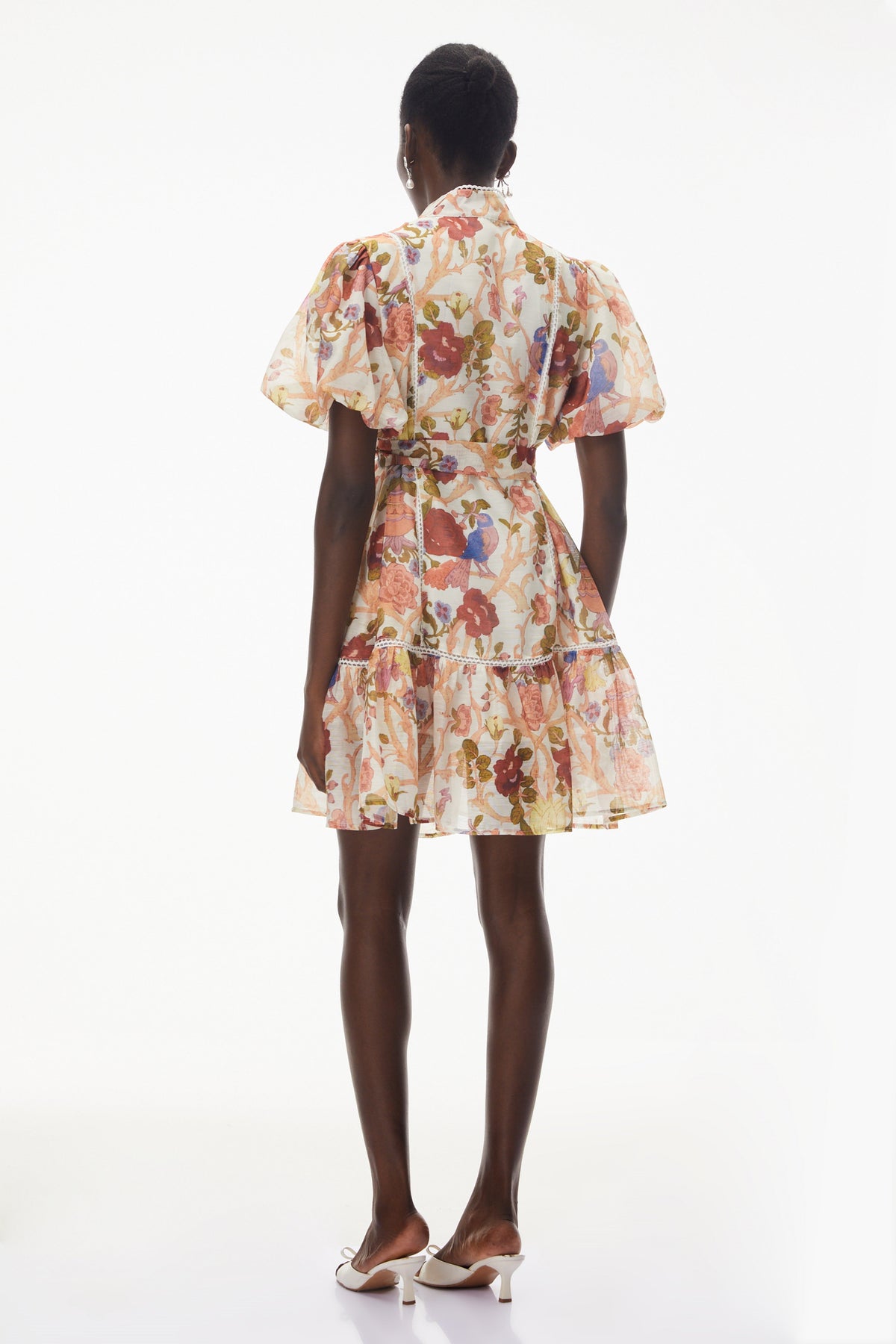 Chione Cream Floral Print Mini Dress with Lace Trim