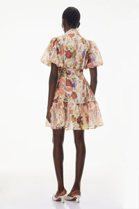 Chione Cream Floral Print Mini Dress with Lace Trim