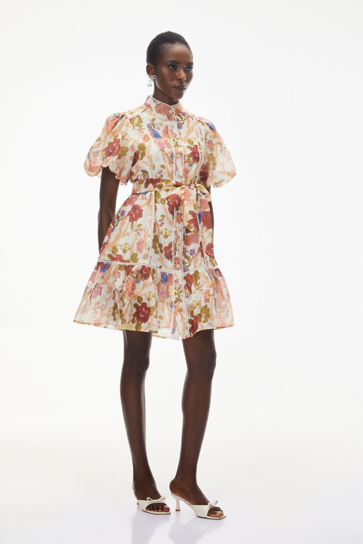 Chione Cream Floral Print Mini Dress with Lace Trim