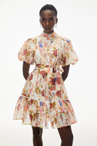 Chione Cream Floral Print Mini Dress with Lace Trim