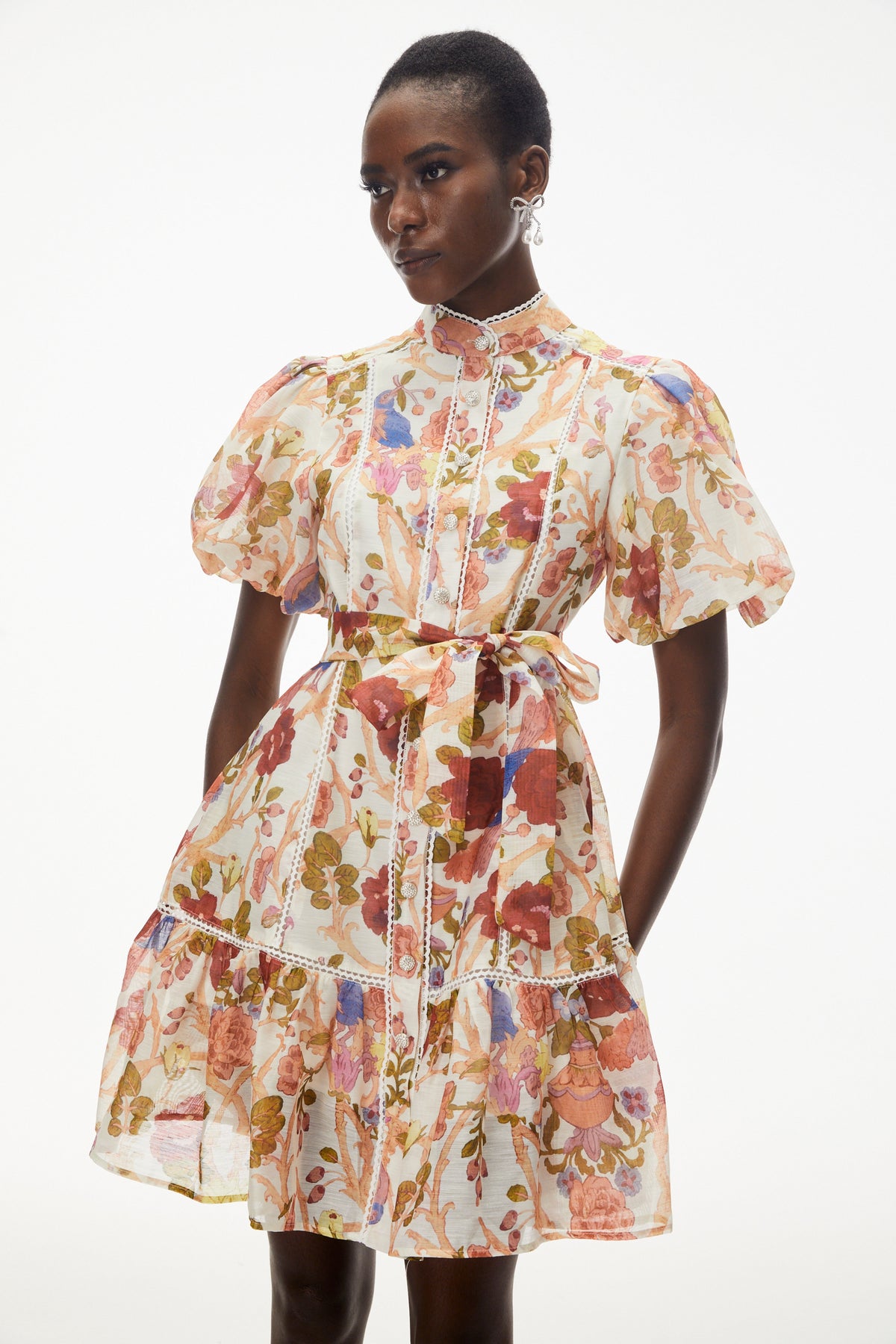 Chione Cream Floral Print Mini Dress with Lace Trim