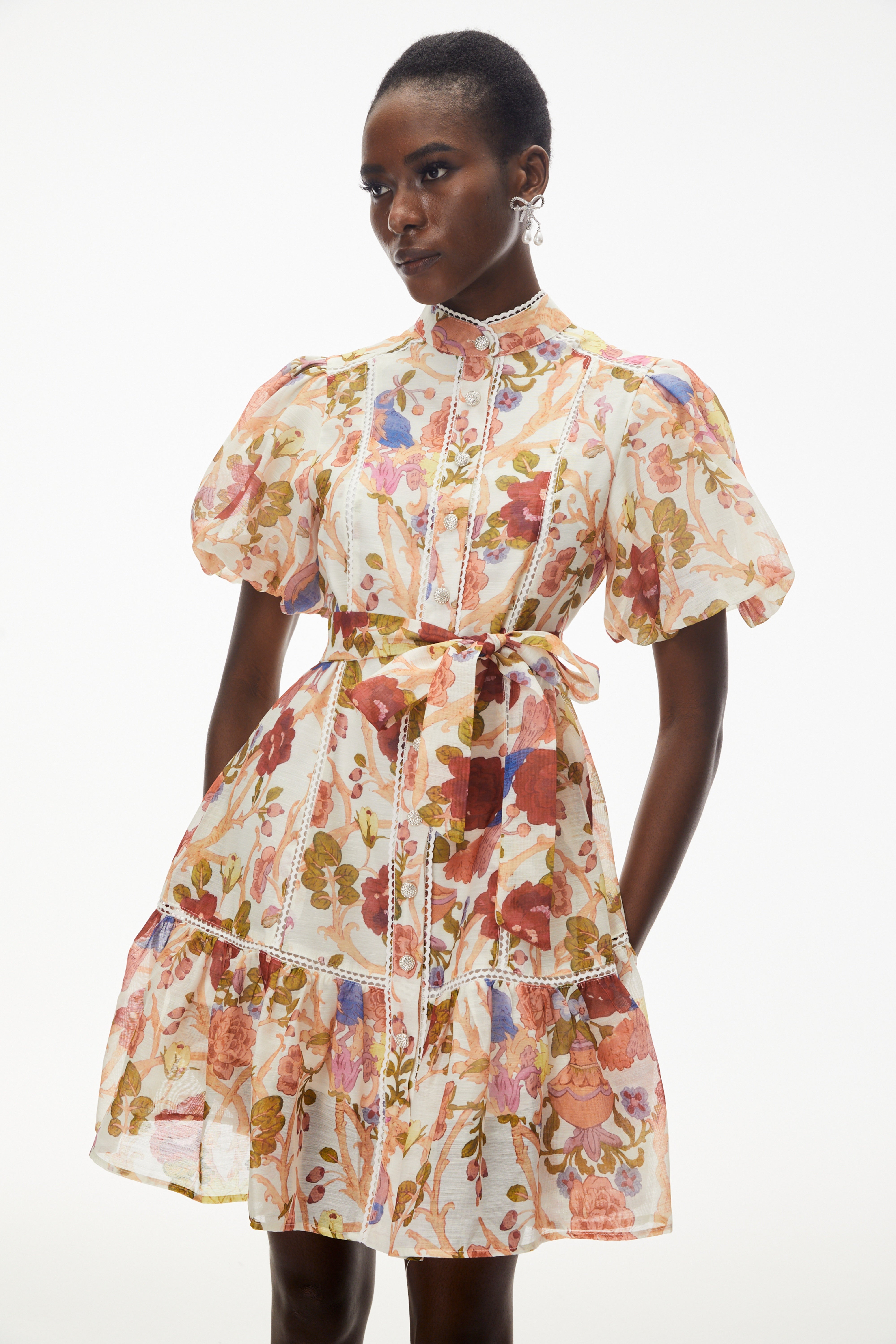 Chione Cream Floral Print Mini Dress with Lace Trim