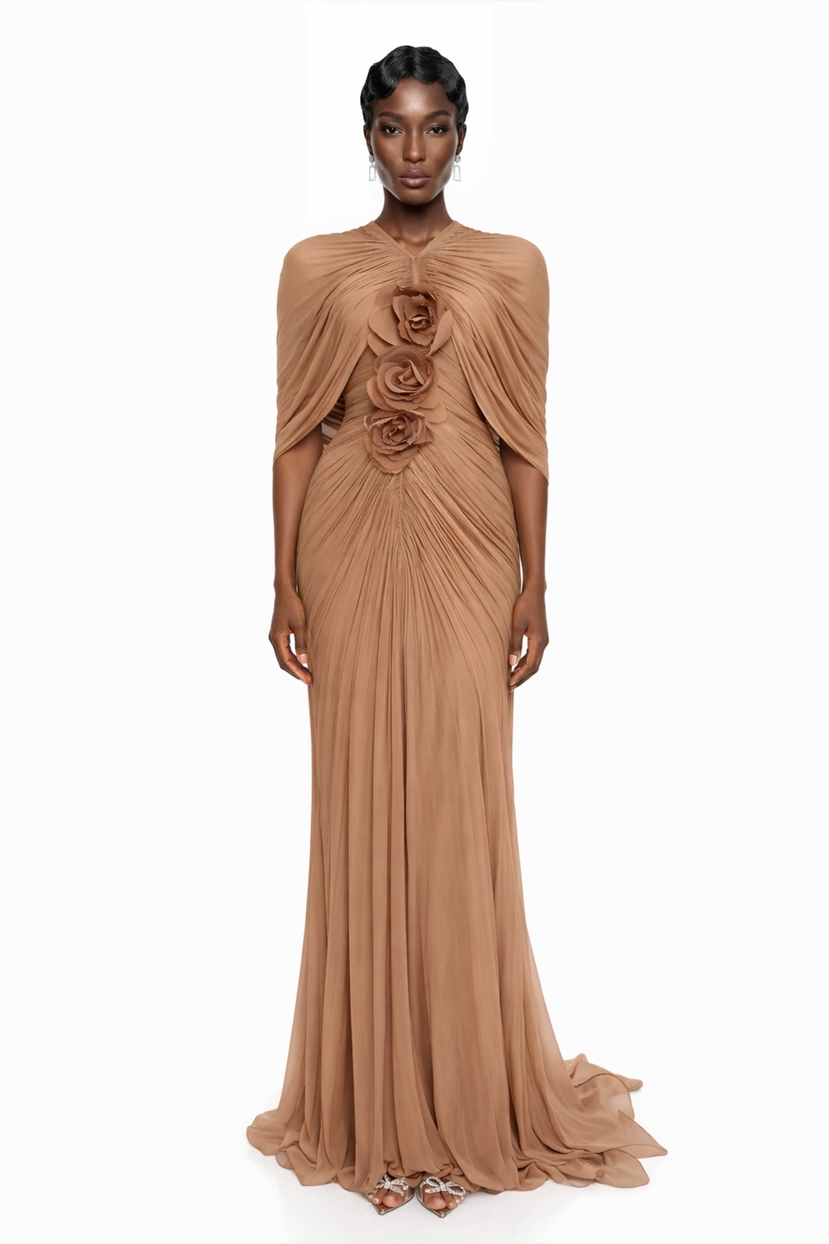 Cíntia Camel Ruched Maxi Dress with 3D Florals
