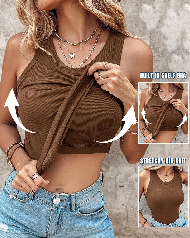 Ribbed Tank Top with Built-in Bra and Pads