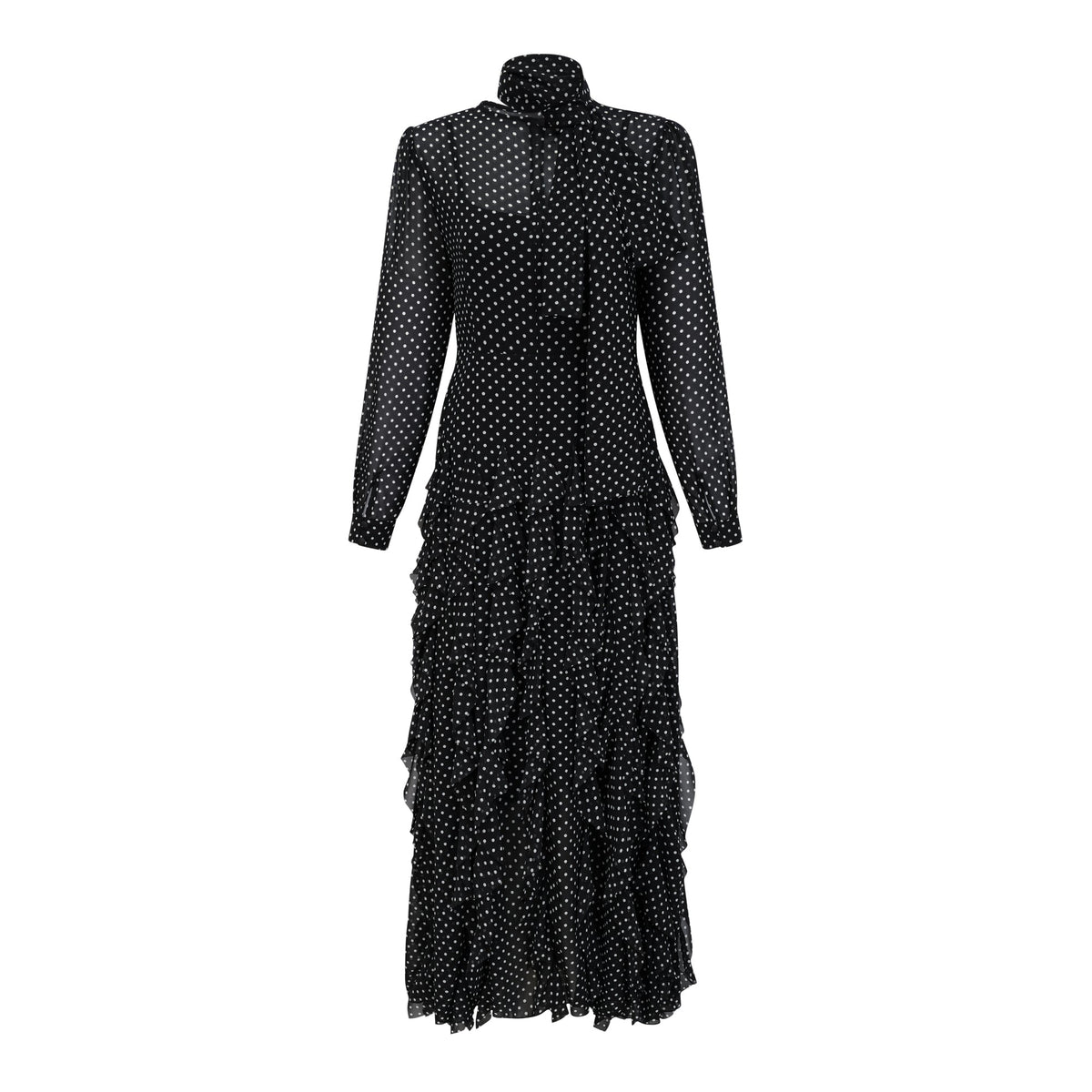 Coraline black polka-dot ruffled midi dress