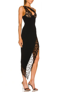 Capucine Black Lace Panel Asymmetrical Midi Dress