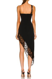 Capucine Black Lace Panel Asymmetrical Midi Dress