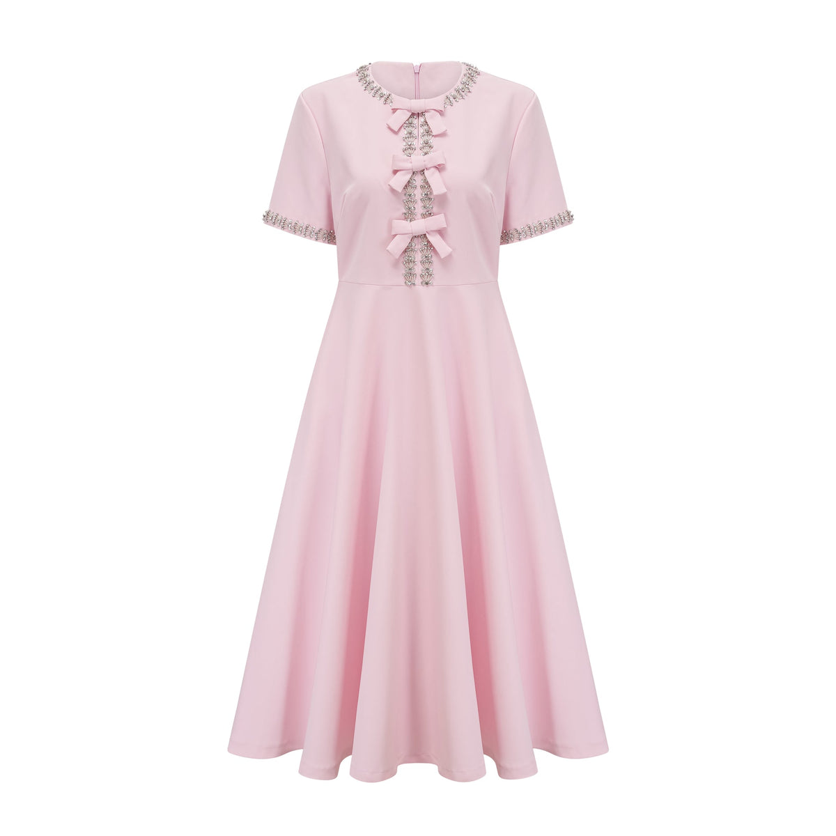 Cassiopeia crystal-accented pink bow midi dress