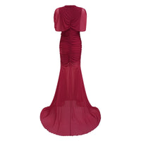 Sylphe Red Asymmetrical Ruched Mesh Maxi Dress