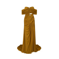 Ludivine ocher off-shoulder cut-out ruched maxi dress