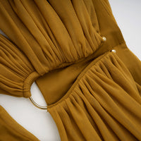 Ludivine ocher off-shoulder cut-out ruched maxi dress