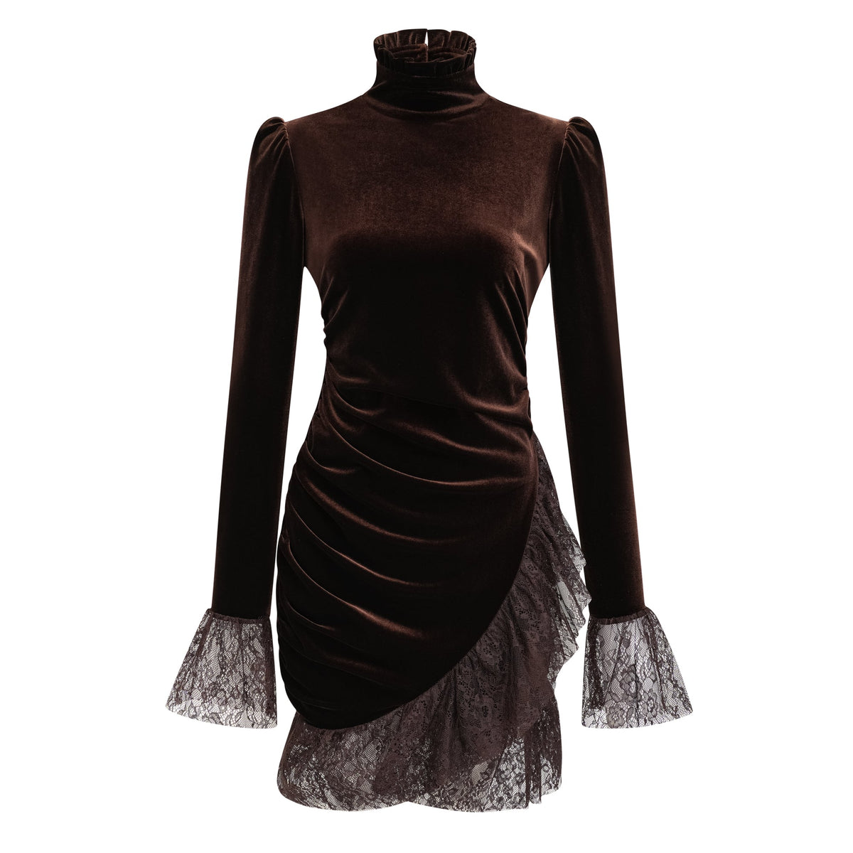 Alma Brown High Neck Asymmetrical Mini Dress