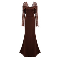 Georgiana Brown Lace Panel Flared Maxi Gown