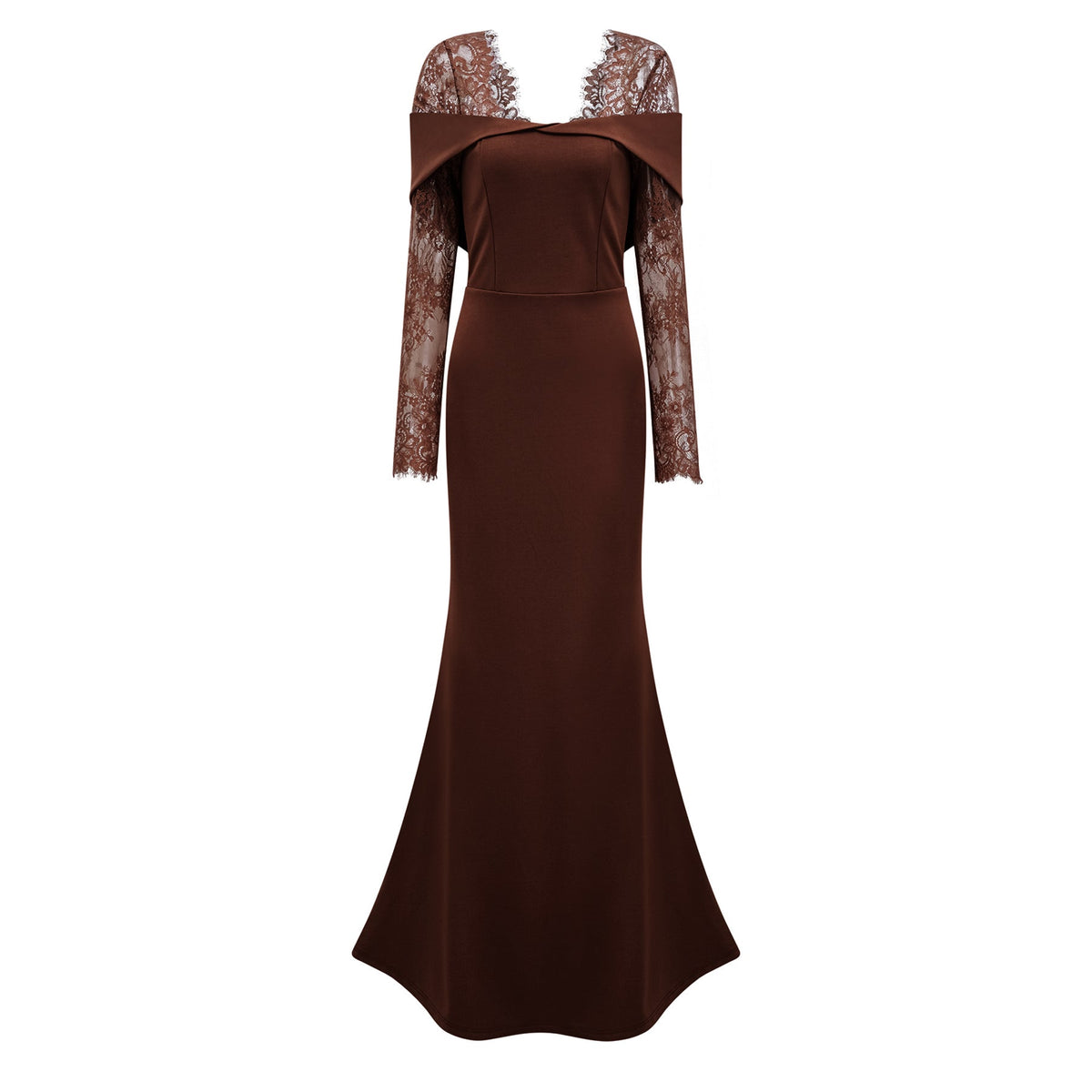 Georgiana Brown Lace Panel Flared Maxi Gown