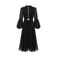 Viviane black pleated button-front midi dress