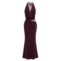 Gioconda Burgundy Halterneck Lace Panel Maxi Dress
