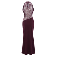 Gioconda Burgundy Halterneck Lace Panel Maxi Dress
