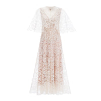 Alaia White Cape Design Floral Lace Midi Dress