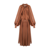 Mila Brown Pleated Satin Maxi Dress
