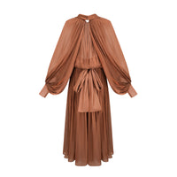 Mila Brown Pleated Satin Maxi Dress
