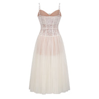 Mira Neutrals Lace Panel Tulle Midi Dress