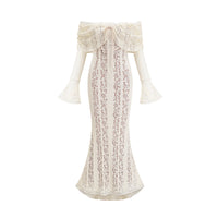 Émeline floral lace train-design maxi dress in Neutrals